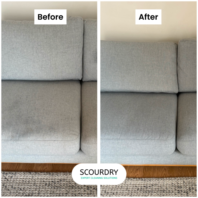 Before-and-after gray couch cleaning transformation.