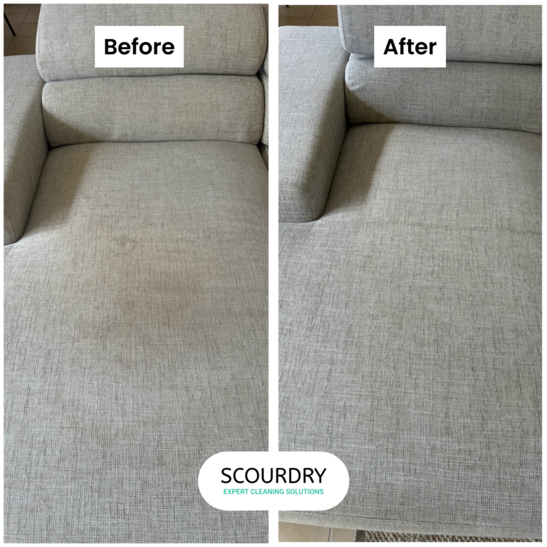 Before-and-after cleaning results on gray fabric chair.