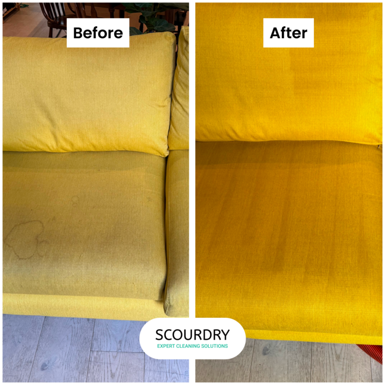 Before-and-after cleaning of yellow couch cushion.