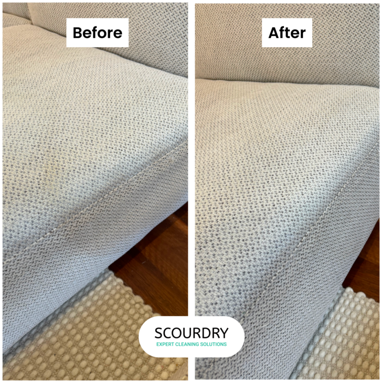 Before-and-after cleaning of textured gray sofa cushion.