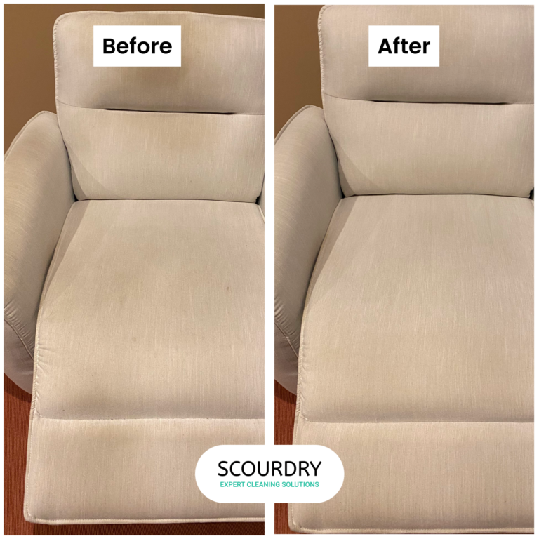 Before-and-after cleaning of beige upholstered chair.