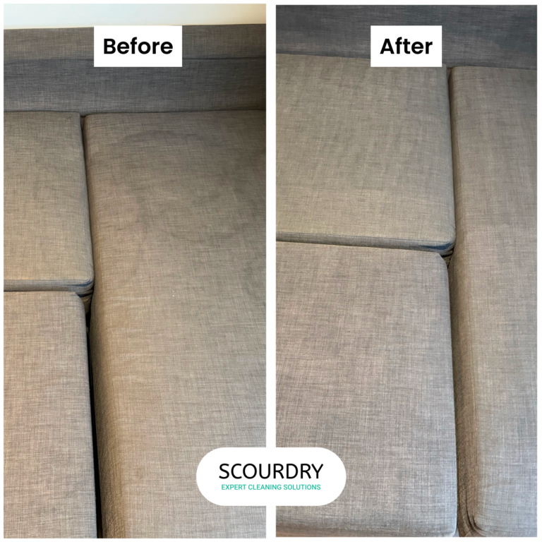 Before-and-after cleaning of gray sectional sofa cushions.