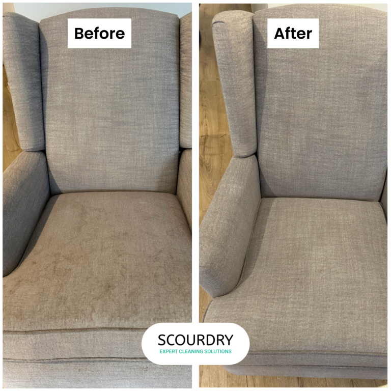 Before-and-after cleaning of gray wingback chair.