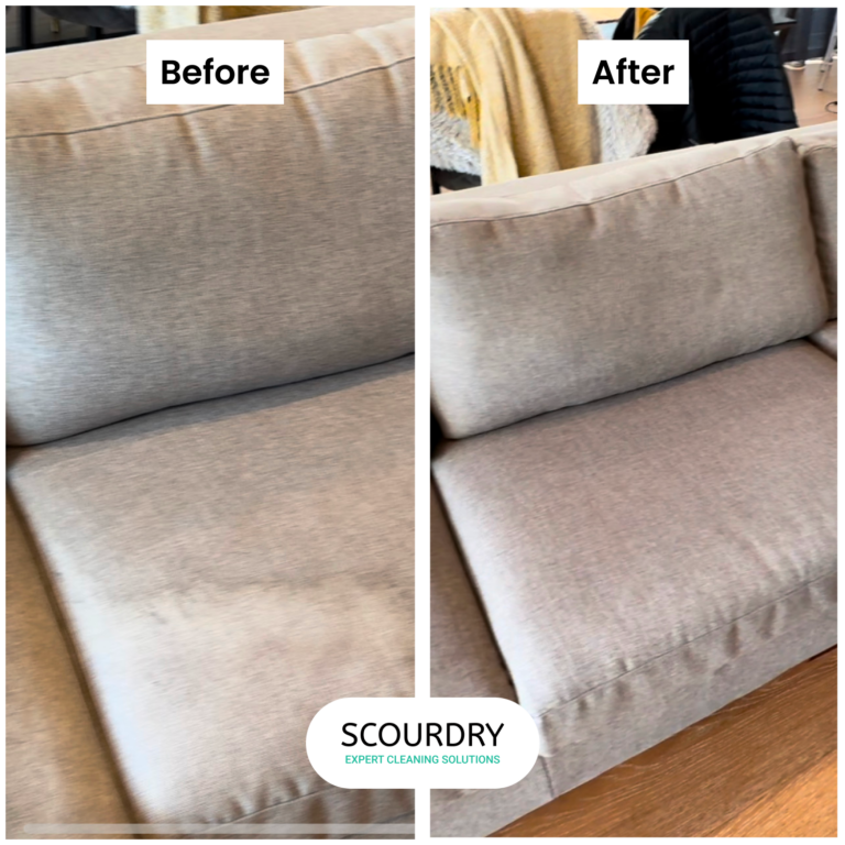 Before-and-after cleaning of gray couch cushions.