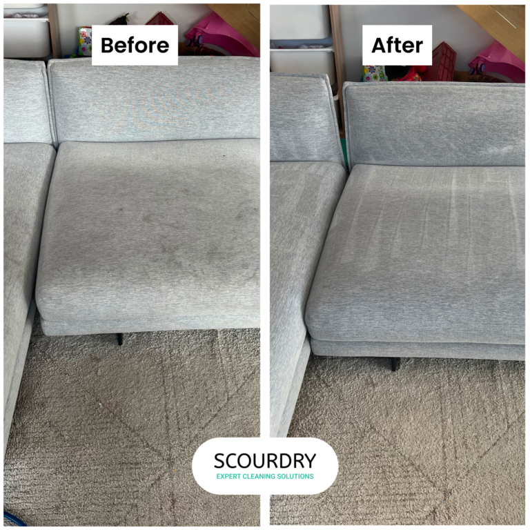 Before-and-after cleaning of gray sofa seat cushion.